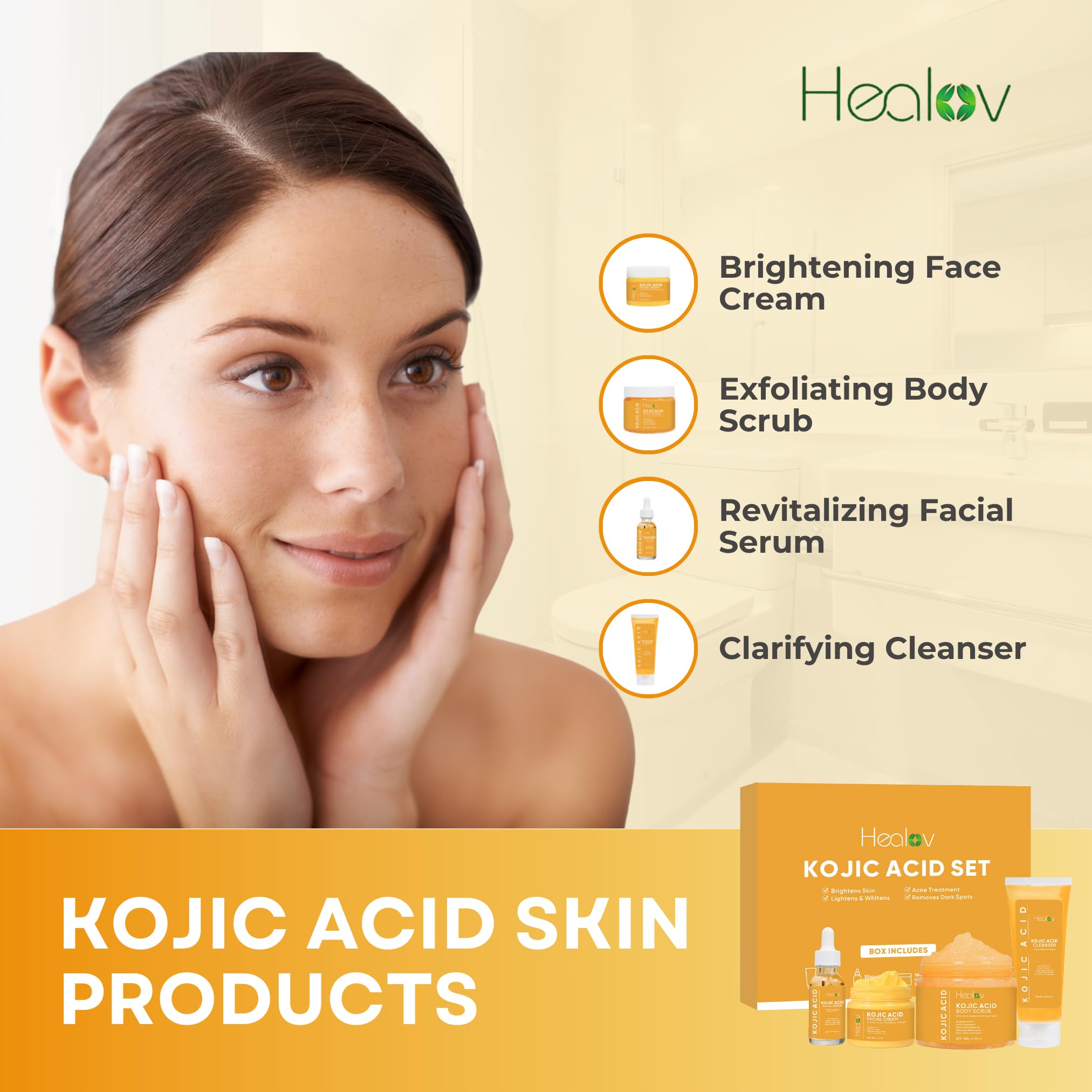 Kojic Acid Skincare Set – Kojic Soap Cleanser, Exfoliating Body Scrub, Face Cream & Brightening Facial Serum – Skin Brightening Hyperpigmentation Treatment, Dark Spot Corrector – with Turmeric Papaya